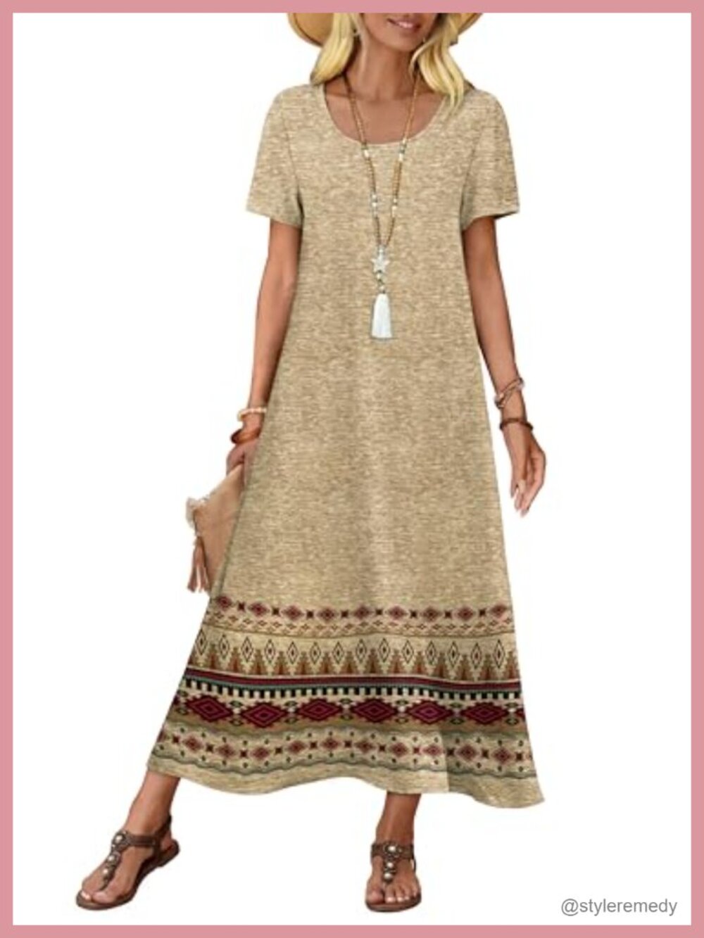 Flowy Maxi Dress Short Sleeve Linen-Textured Summer Beach Vacation with Pockets
